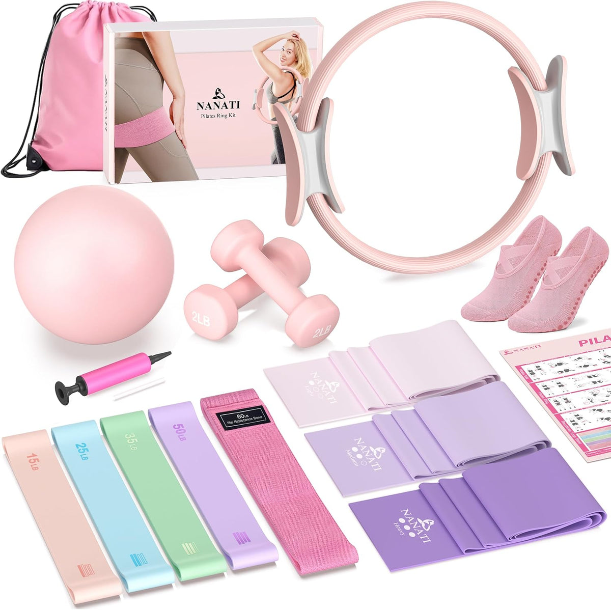 Pilates Kit, Home Pilates Workout Kit for Women, Pilates Equipment with 14.5" Pilates Ring and Ball, Resistance Bands, Dumbbells & Grip Socks for Home Workouts