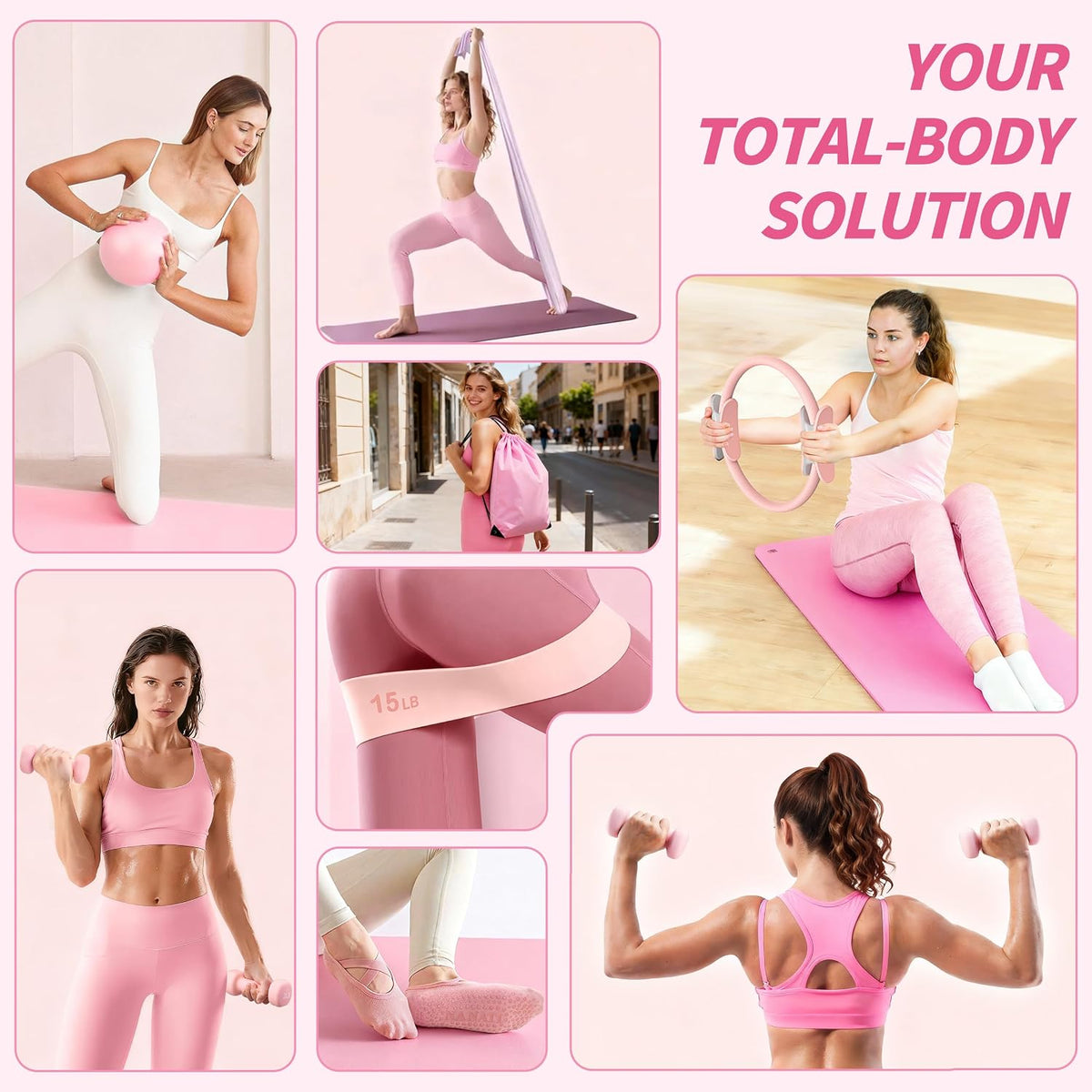 Pilates Kit, Home Pilates Workout Kit for Women, Pilates Equipment with 14.5" Pilates Ring and Ball, Resistance Bands, Dumbbells & Grip Socks for Home Workouts
