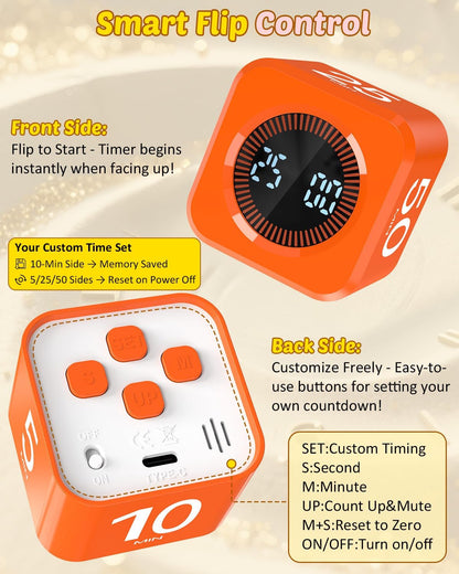 Digital Pomodoro Timer Cube 5/10/25/50min Preset, Silent & Sound Alarm | Visual Productivity Flip Timer for Kids Classroom Desk, Custom Countdown, Gravity Sensor, for ADHD Study Work Game Kitchen