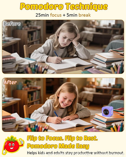 Digital Pomodoro Timer Cube 5/10/25/50min Preset, Silent & Sound Alarm | Visual Productivity Flip Timer for Kids Classroom Desk, Custom Countdown, Gravity Sensor, for ADHD Study Work Game Kitchen