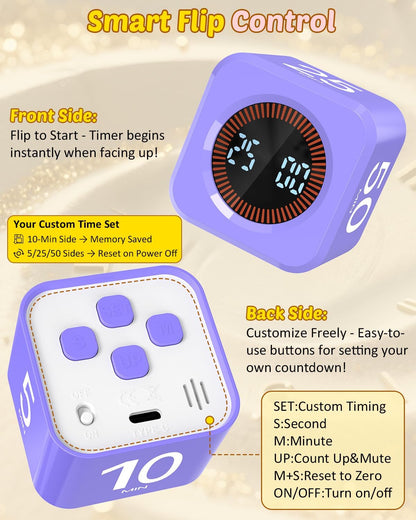 Digital Pomodoro Timer Cube 5/10/25/50min Preset, Silent & Sound Alarm | Visual Productivity Flip Timer for Kids Classroom Desk, Custom Countdown, Gravity Sensor, for ADHD Study Work Game Kitchen