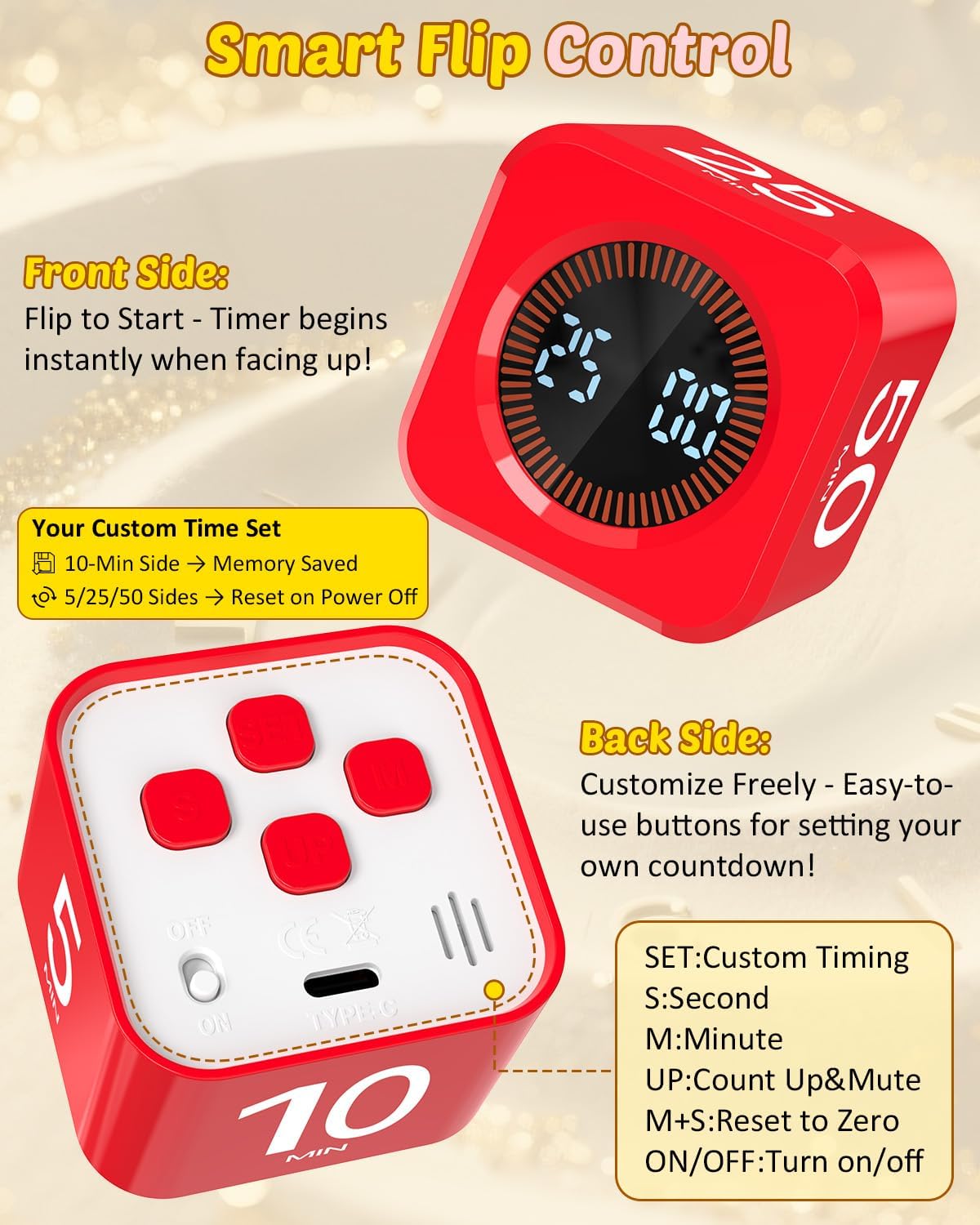 Digital Pomodoro Timer Cube 5/10/25/50min Preset, Silent & Sound Alarm | Visual Productivity Flip Timer for Kids Classroom Desk, Custom Countdown, Gravity Sensor, for ADHD Study Work Game Kitchen