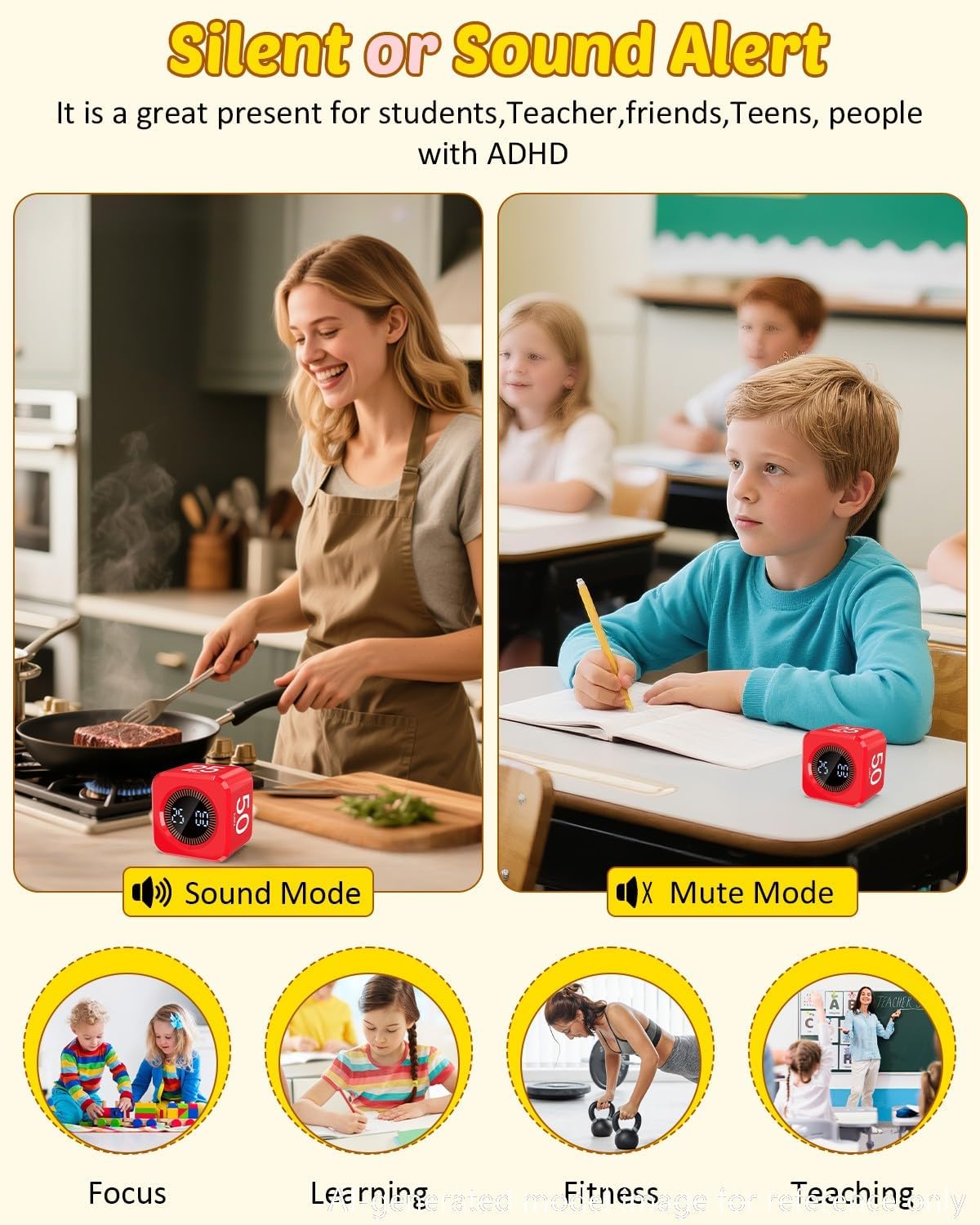 Digital Pomodoro Timer Cube 5/10/25/50min Preset, Silent & Sound Alarm | Visual Productivity Flip Timer for Kids Classroom Desk, Custom Countdown, Gravity Sensor, for ADHD Study Work Game Kitchen