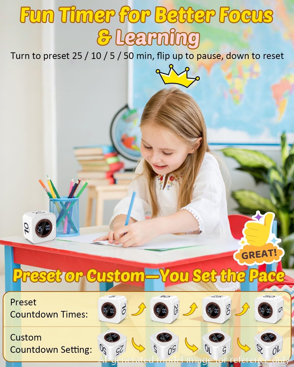 Digital Pomodoro Timer Cube 5/10/25/50min Preset, Silent & Sound Alarm | Visual Productivity Flip Timer for Kids Classroom Desk, Custom Countdown, Gravity Sensor, for ADHD Study Work Game Kitchen