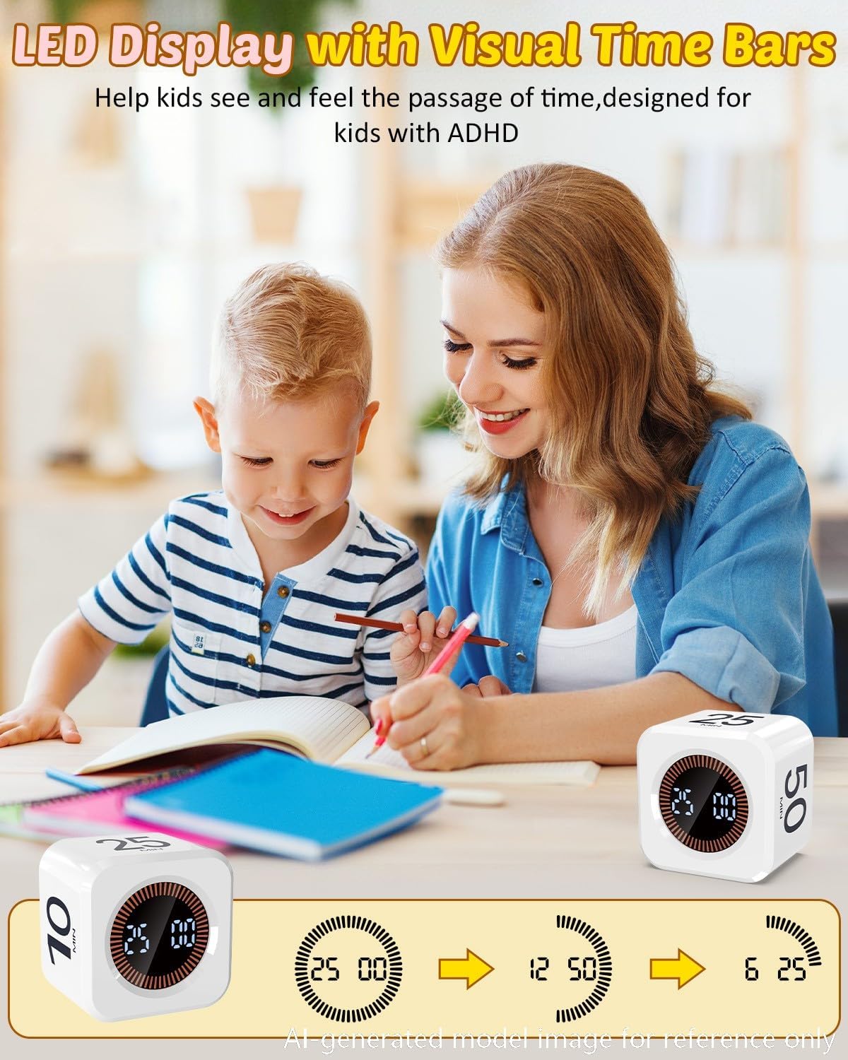 Digital Pomodoro Timer Cube 5/10/25/50min Preset, Silent & Sound Alarm | Visual Productivity Flip Timer for Kids Classroom Desk, Custom Countdown, Gravity Sensor, for ADHD Study Work Game Kitchen