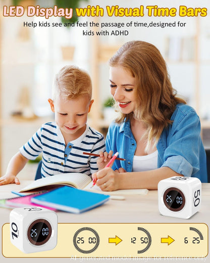 Digital Pomodoro Timer Cube 5/10/25/50min Preset, Silent & Sound Alarm | Visual Productivity Flip Timer for Kids Classroom Desk, Custom Countdown, Gravity Sensor, for ADHD Study Work Game Kitchen