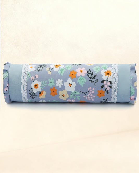 Buckwheat Neck Roll Pillow,15.7"x4.7" Adjustable Hard Cooling Cylinder Neck Support for Sleeping, Yoga Meditation, Removable Soft Floral Pillow Covers, Ergonomic Bolster Pillow for Bed, Blue Flower
