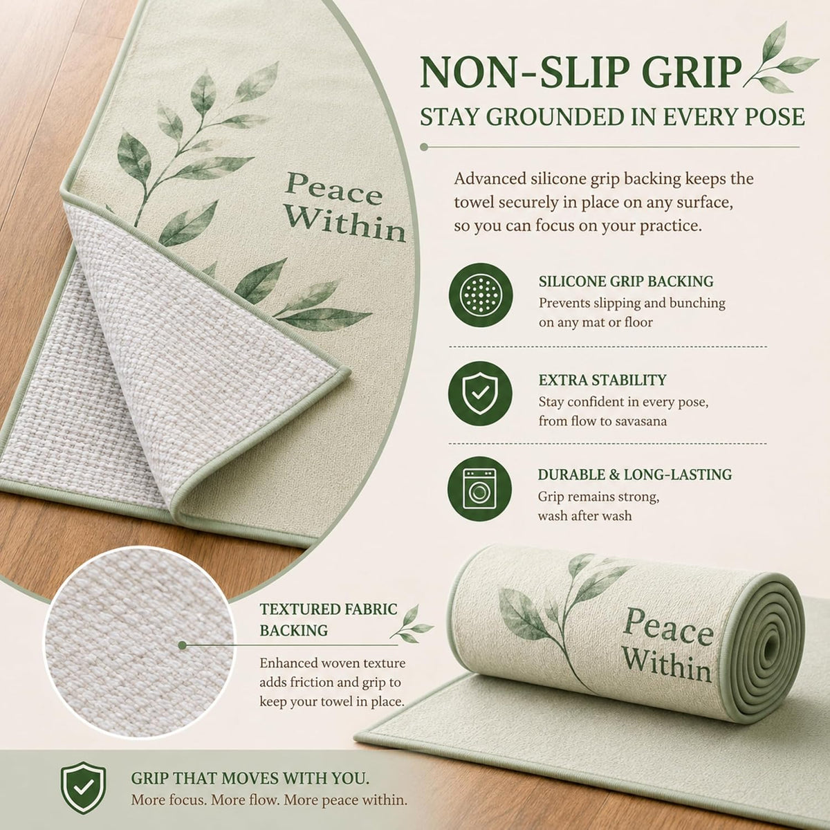 Non-Slip Hot Yoga Mat Towel 24" x 72", Waffle Microfiber, Super Absorbent, Quick-Dry, Silicone Grip Dots for Yoga, Pilates, Bikram, Gym, Travel, (Peace Within)