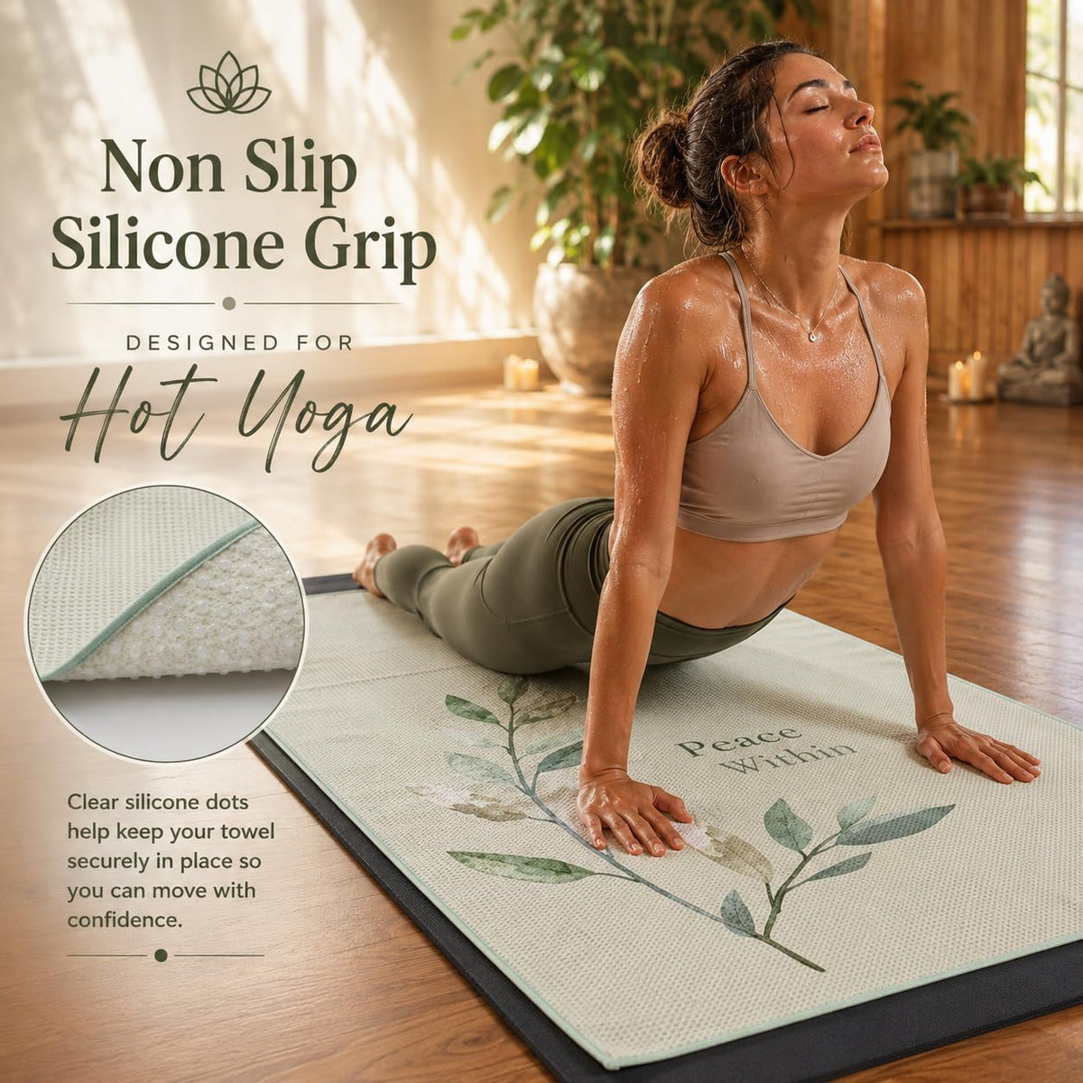 Non-Slip Hot Yoga Mat Towel 24" x 72", Waffle Microfiber, Super Absorbent, Quick-Dry, Silicone Grip Dots for Yoga, Pilates, Bikram, Gym, Travel, (Peace Within)