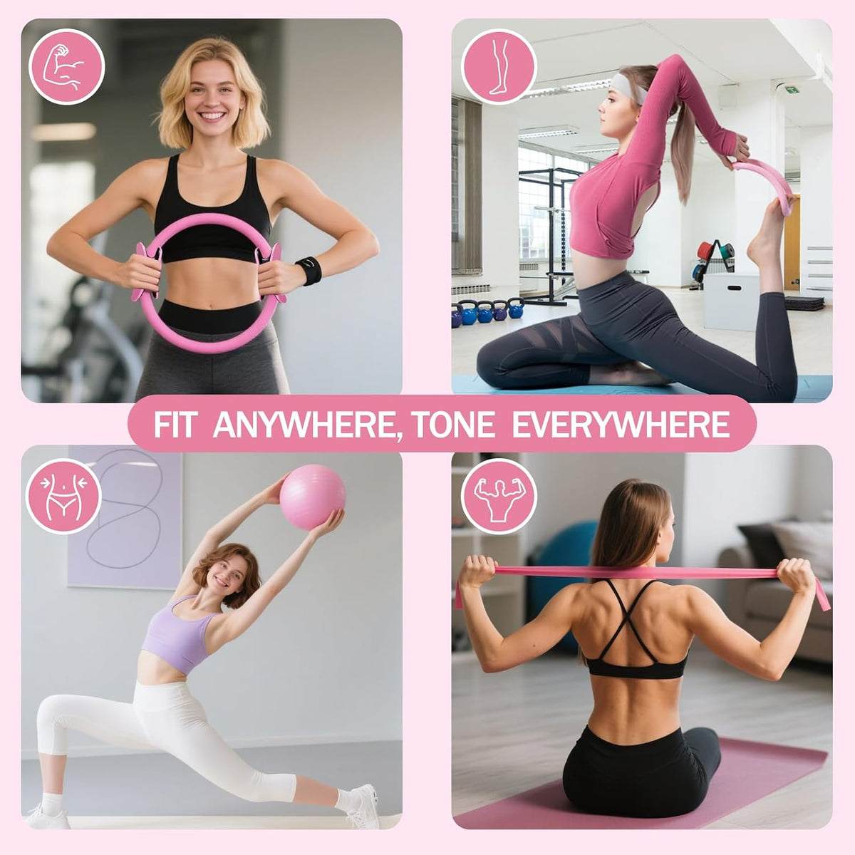 Home Pilates Essentials Kit for Women Pink Ring and Ball Pilates Set Equipment, Magic Circle with 5 Resistance Bands Premium Accessories Kits for Starter Toning Workouts at Home