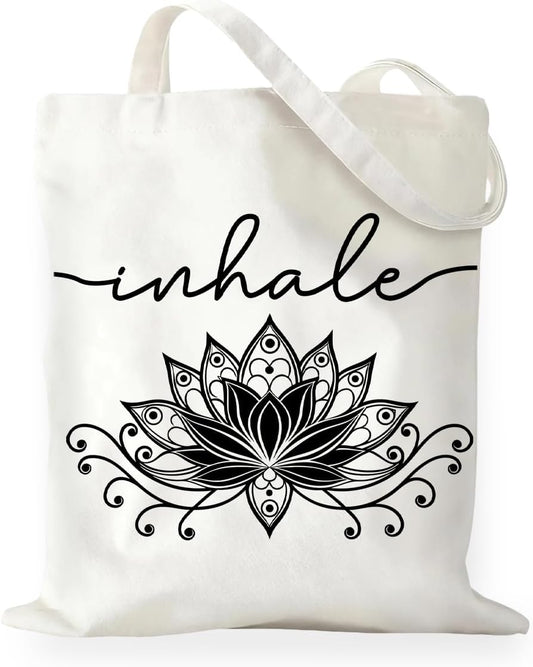 Inhale Exhale Tote Bag Gifts for Women Girl Yoga Lover Meditation Gift, Lotus Flower Zen Canvas Tote Bag Double-Sided Print Bags