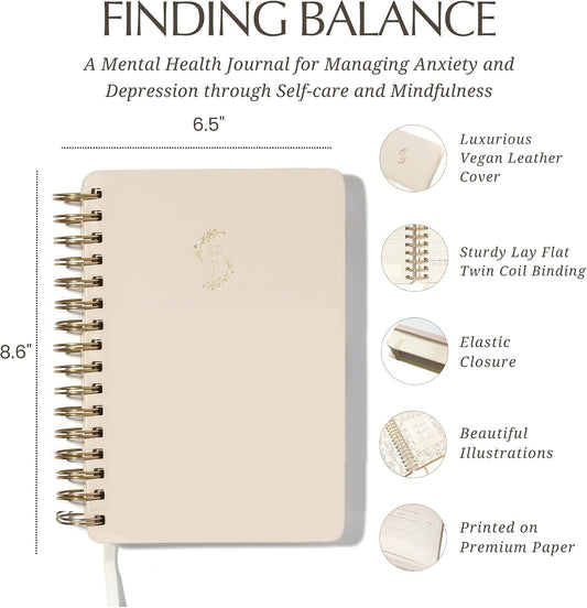 FINDING BALANCE Mental Health Journal – 6-Month Daily Journal with Prompts for Mindfulness, Self-Care & Healing – Anxiety & Depression Relief – Beige Spiral