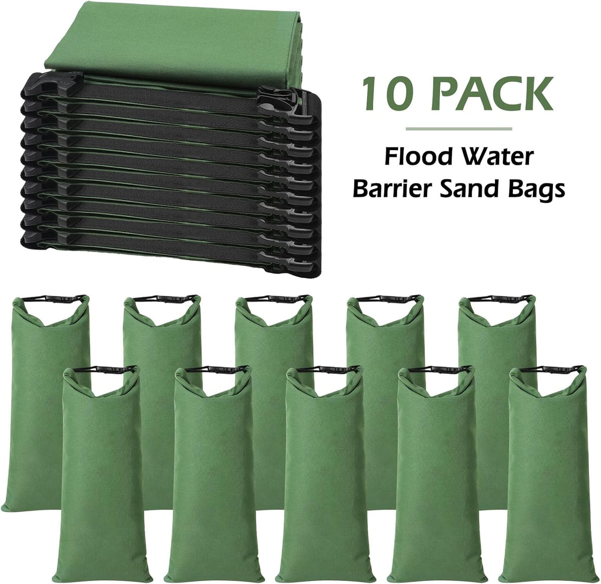 10 Pcs Flood Water Barrier Sand Bags for Weight, 11 x 28" Thickened Long Canvas Flood Protection Sand Bags with Insert Buckle for Home Window Door Basement Garage
