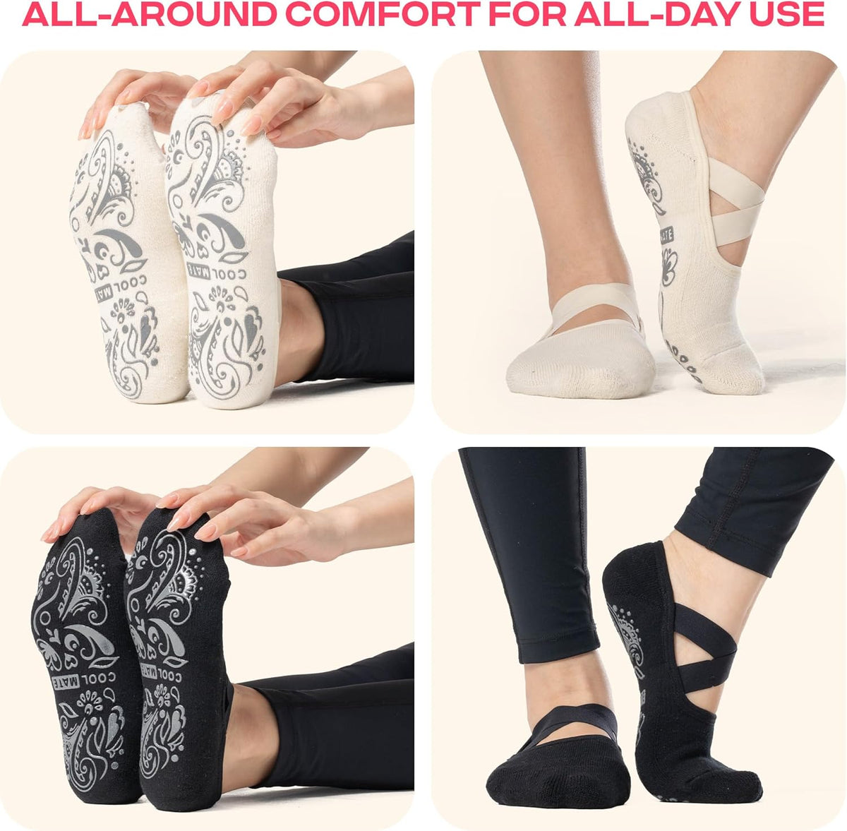CoolMate Pilates Socks with Grips for Women, Non Slip Yoga Socks - Colors A