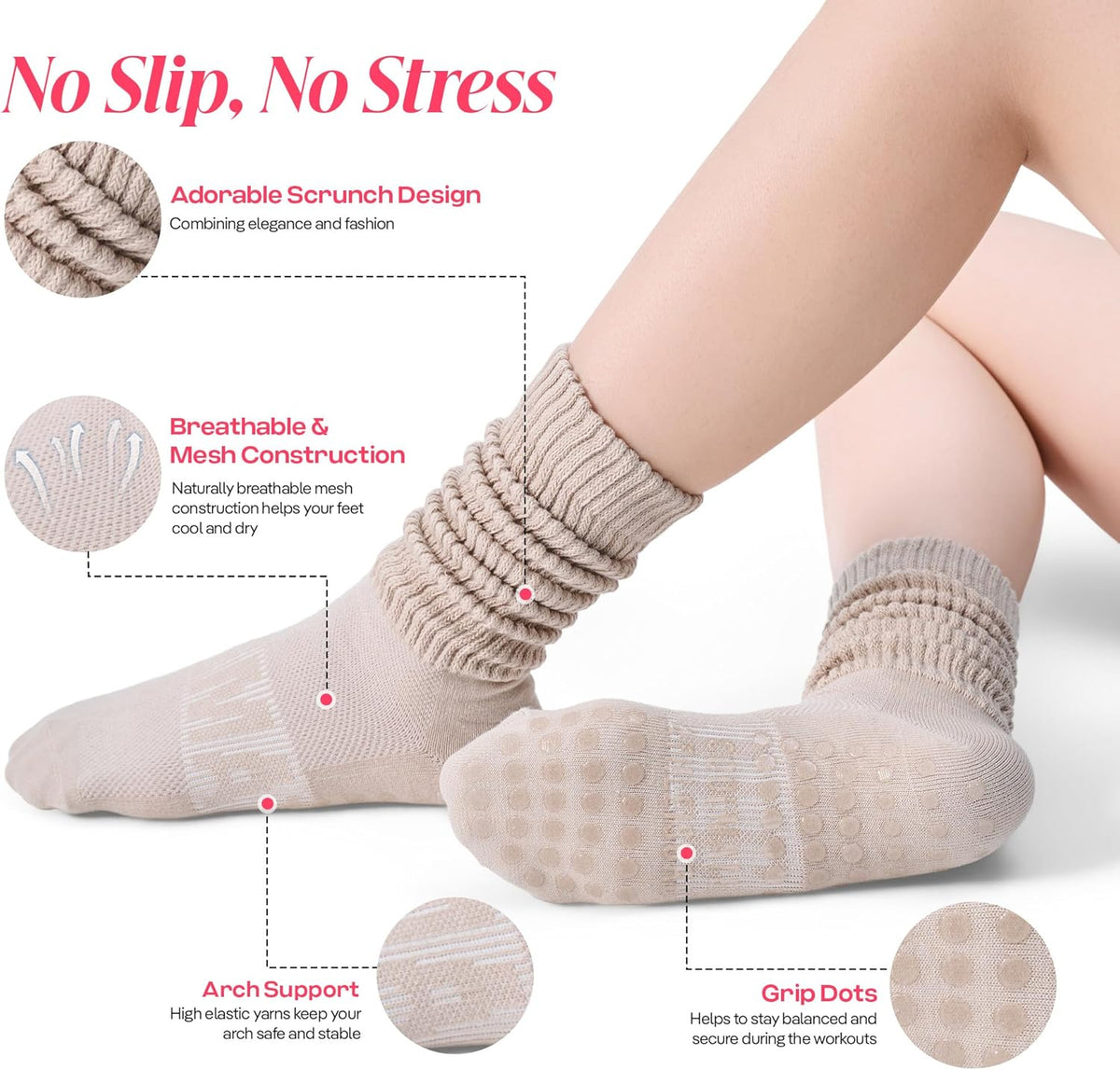 CoolMate Pilates Socks with Grips for Women, Non Slip Yoga Socks - Colors A