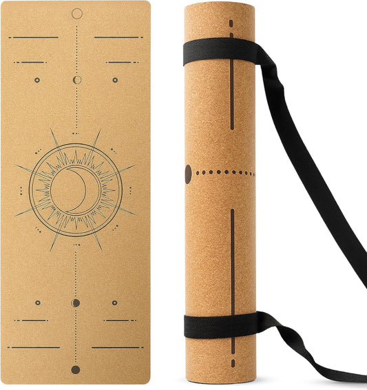 Cork Yoga/Excercise Mat with Carrying Strap | 72in x 26in | 5mm Thick | Luxury | Eco-Friendly | Non-Slip & Water Absorbent | Alignment and Pose Markers | Laser Engraved Design | Pilates