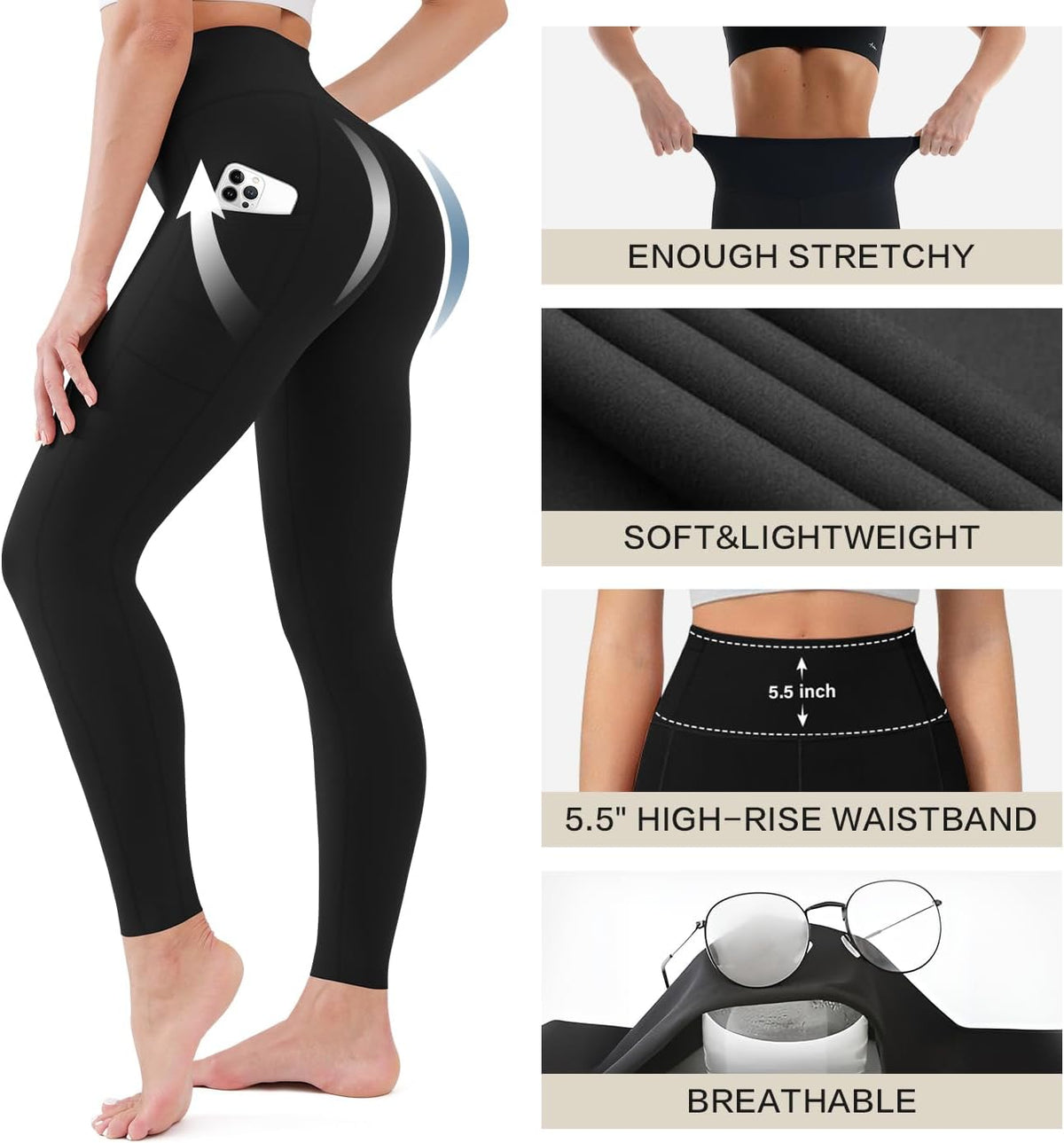 High Waist Leggings for Women - Opaque, Soft Tummy Control Athletic Pants for Yoga, Running, Workout and Gym