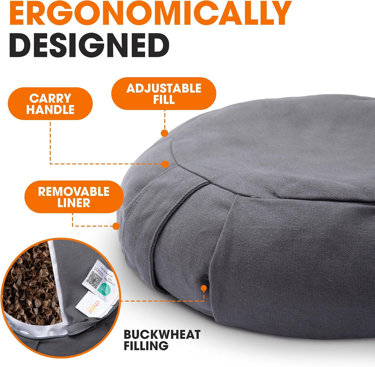 Meditation Cushion - Ergonomic Floor Pillow for Meditation, Yoga Pillow with Buckwheat Filling, Yoga Cushion for Sitting on Floor, Meditation Seat, Comfort & Posture Support