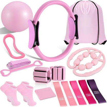 Pilates Ring and Ball Set, Home Pilates Equipment for Women with Resistance Bands, 12'' Magic Circle, 9.8'' Ball, for Strength, Toning and Flexibility, Fitness Essentials Starter Accessories