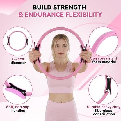 Pilates Ring and Ball Set, Home Pilates Equipment for Women with Resistance Bands, 12'' Magic Circle, 9.8'' Ball, for Strength, Toning and Flexibility, Fitness Essentials Starter Accessories
