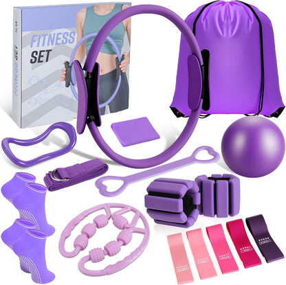 Pilates Ring and Ball Set, Home Pilates Equipment for Women with Resistance Bands, 12'' Magic Circle, 9.8'' Ball, for Strength, Toning and Flexibility, Fitness Essentials Starter Accessories