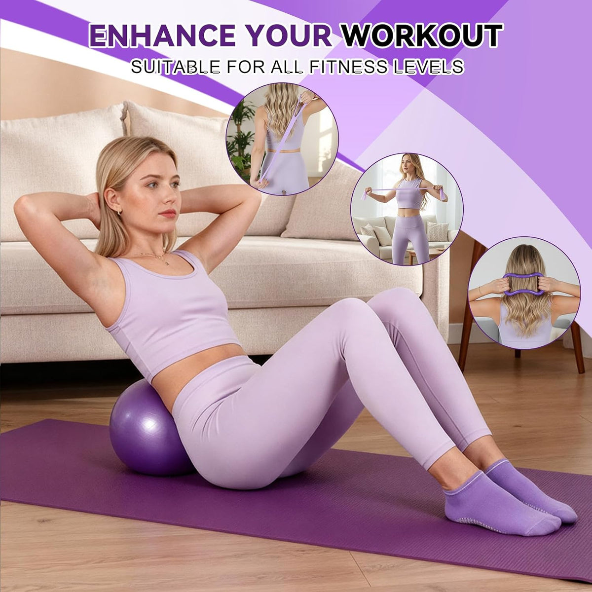 Pilates Ring and Ball Set, Home Pilates Equipment for Women with Resistance Bands, 12'' Magic Circle, 9.8'' Ball, for Strength, Toning and Flexibility, Fitness Essentials Starter Accessories