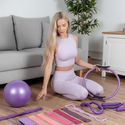 Pilates Ring and Ball Set, Home Pilates Equipment for Women with Resistance Bands, 12'' Magic Circle, 9.8'' Ball, for Strength, Toning and Flexibility, Fitness Essentials Starter Accessories