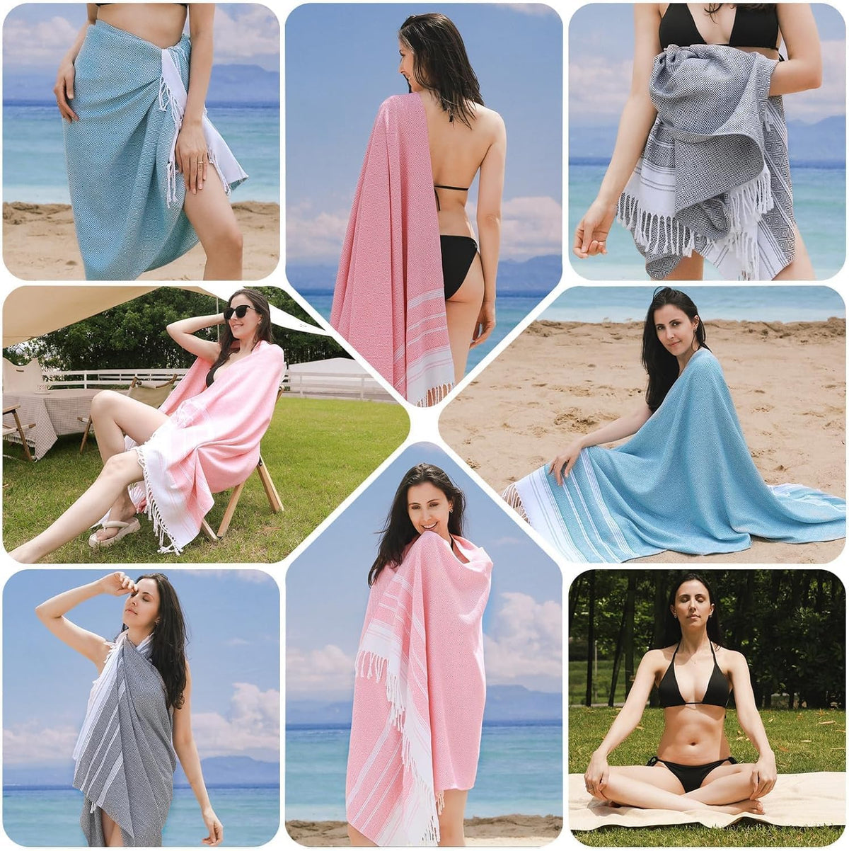 Oversized Turkish Beach Towels 74"x38" Thin Quick Dry Sand Free Pool Swim Bathing Towel Extra Large Blanket Adult Travel Essentials Cruise Accessories Must Haves Summer Light Blue Stuff