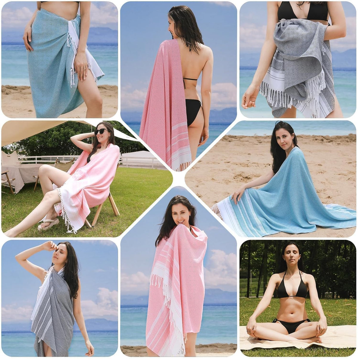 Oversized Turkish Beach Towels 74"x38" Thin Quick Dry Sand Free Pool Swim Bathing Towel Extra Large Blanket Adult Travel Essentials Cruise Accessories Must Haves Summer Light Blue Stuff