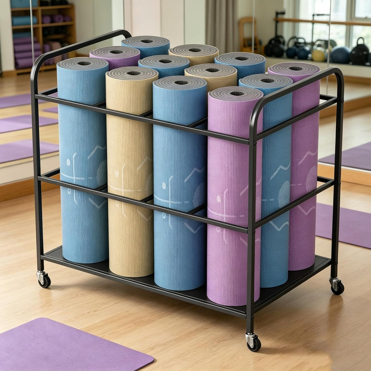 Yoga Mat Storage Rack Holder with Wheels, Home Gym Workout Equipment Exercise Mat Storage Cart, Exercise & Fitness Organizer for Dumbbell, Kettlebells, Yoga Blocks, Foam Roller Black