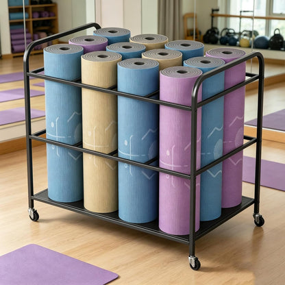 Yoga Mat Storage Rack Holder with Wheels, Home Gym Workout Equipment Exercise Mat Storage Cart, Exercise & Fitness Organizer for Dumbbell, Kettlebells, Yoga Blocks, Foam Roller Black