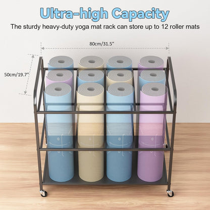 Yoga Mat Storage Rack Holder with Wheels, Home Gym Workout Equipment Exercise Mat Storage Cart, Exercise & Fitness Organizer for Dumbbell, Kettlebells, Yoga Blocks, Foam Roller Black