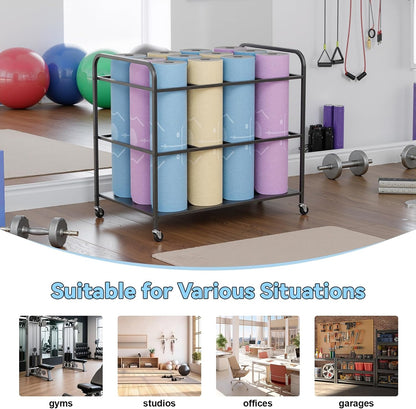 Yoga Mat Storage Rack Holder with Wheels, Home Gym Workout Equipment Exercise Mat Storage Cart, Exercise & Fitness Organizer for Dumbbell, Kettlebells, Yoga Blocks, Foam Roller Black