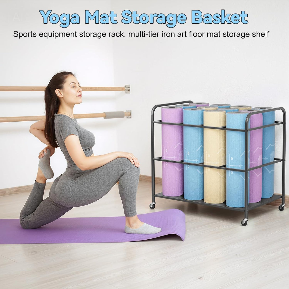 Yoga Mat Storage Rack Holder with Wheels, Home Gym Workout Equipment Exercise Mat Storage Cart, Exercise & Fitness Organizer for Dumbbell, Kettlebells, Yoga Blocks, Foam Roller Black