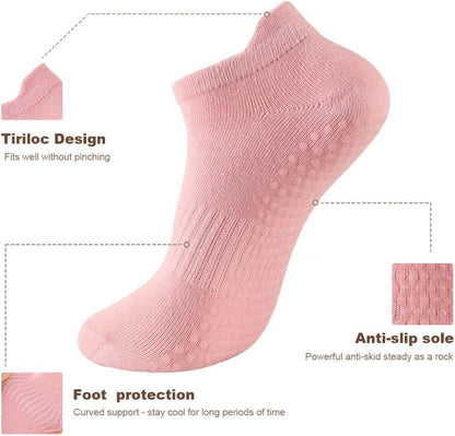 5 Pairs Pilates Socks with Grips for Women Non Slip Grip Yoga Crew Socks for Barre Hospital Barefoot