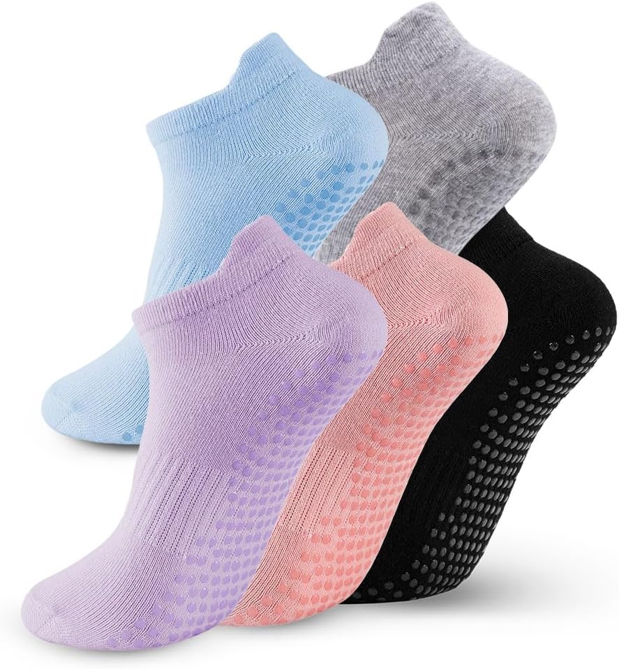 5 Pairs Pilates Socks with Grips for Women Non Slip Grip Yoga Crew Socks for Barre Hospital Barefoot