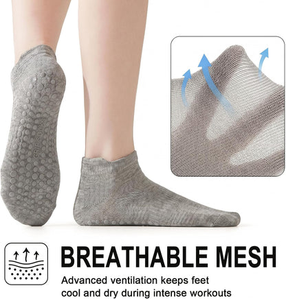 5 Pairs Pilates Socks with Grips for Women Non Slip Grip Yoga Crew Socks for Barre Hospital Barefoot