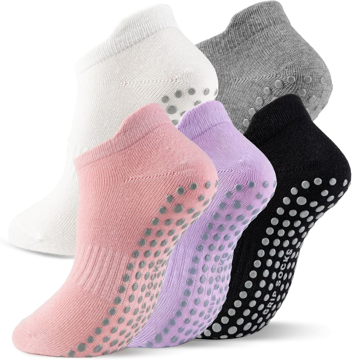 5 Pairs Pilates Socks with Grips for Women Non Slip Grip Yoga Crew Socks for Barre Hospital Barefoot