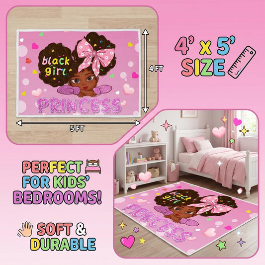 Black Girl Area Rug for Bedroom African American Rugs for Room Princess Carpet Kids Rugs for Bedroom African Girls Carpet for Living Room Teen Girls Yoga Mats, Pink, 4'×5'