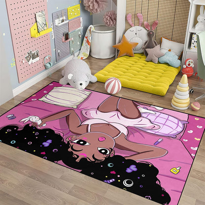 Black Girl Area Rug for Bedroom African American Rugs for Room Princess Carpet Kids Rugs for Bedroom African Girls Carpet for Living Room Teen Girls Yoga Mats, Pink, 4'×5'