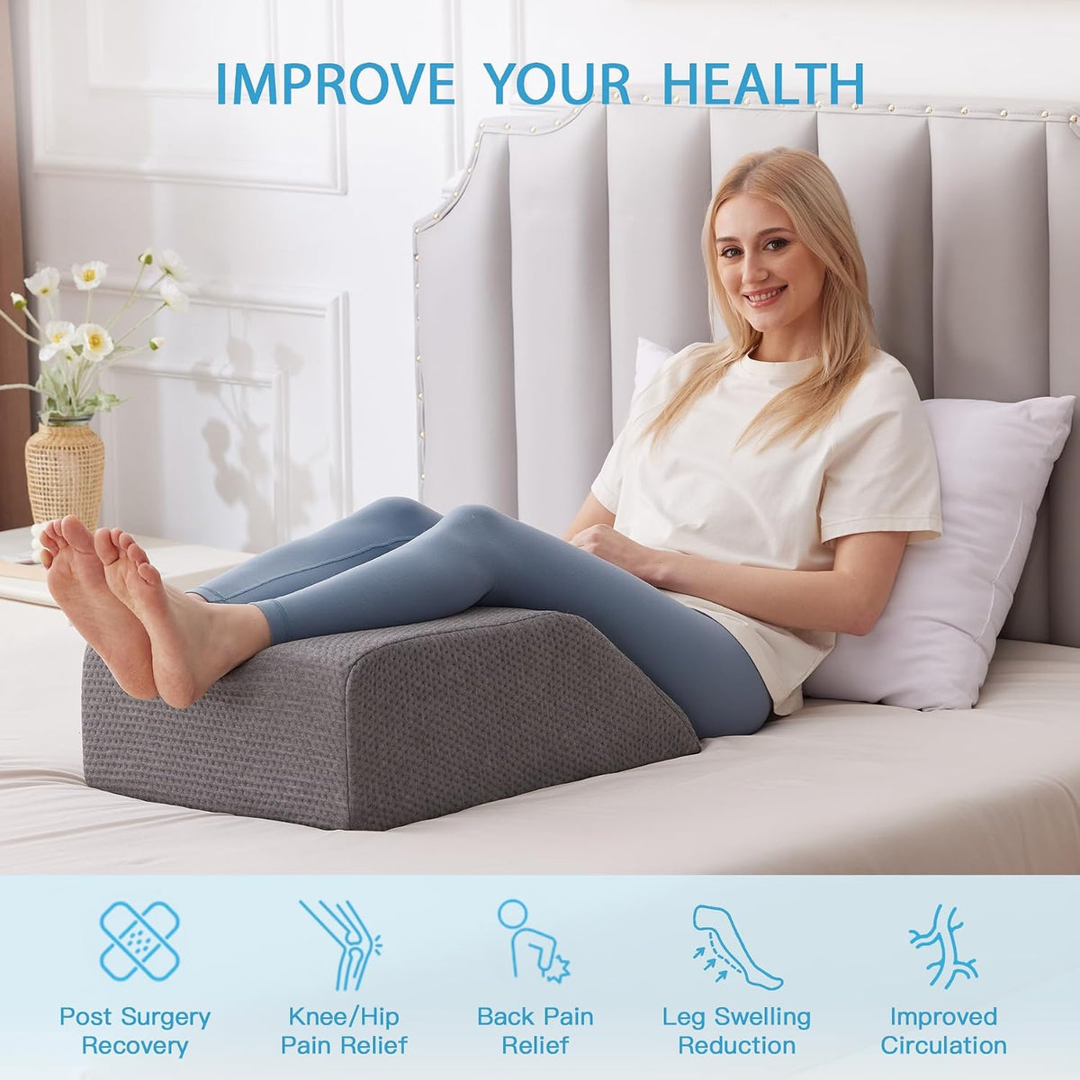 Leg Pillow Elevation Blood Circulation, Leg Wedge for Elevation for Swelling, Leg Elevating Pillow for After Surgery, Memory Foam Foot Knee Pillow for Back Sleeping 23.6×16.8×8 Inch White/Grey