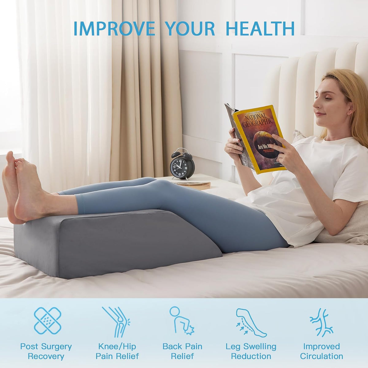 Leg Pillow Elevation Blood Circulation, Leg Wedge for Elevation for Swelling, Leg Elevating Pillow for After Surgery, Memory Foam Foot Knee Pillow for Back Sleeping 23.6×16.8×8 Inch White/Grey