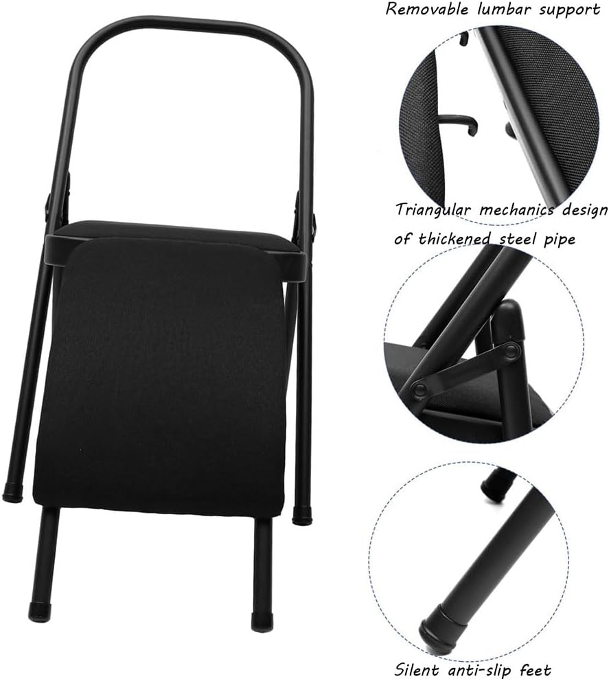 Yoga Assist Chair with Lumbar Support,Pilates Yoga Chair,Metal Folding Chair,Removable seat Cushion,Portable Inversion Chair,Backless Yoga Chair,Black