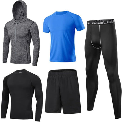 5Pcs Men's Compression Pants Shirt Top Long Sleeve Jacket Athletic Sets Gym Clothing Mens Workout
