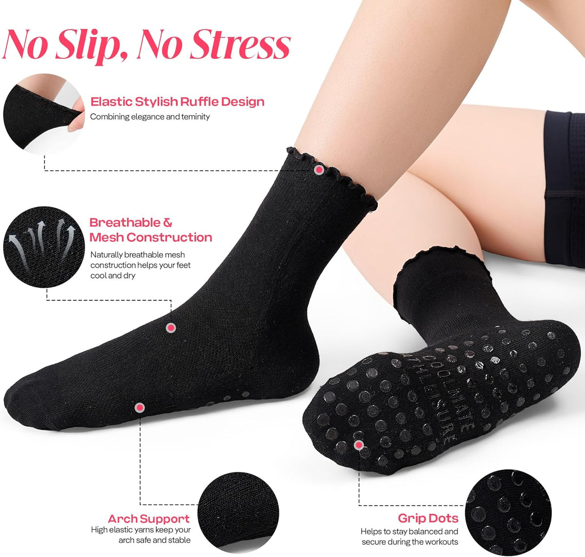 CoolMate Pilates Socks with Grips for Women, Non Slip Yoga Socks - Colors B