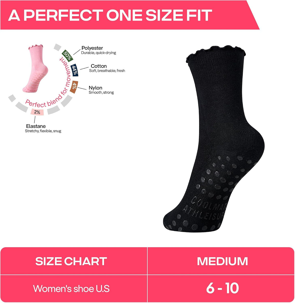 CoolMate Pilates Socks with Grips for Women, Non Slip Yoga Socks - Colors B