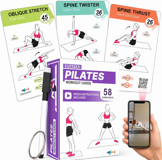 Pilates Workout Cards | 58 Mat Pilates Exercise Cards with Postures, Video Instructions & Breathing Tips | Waterproof Color-Coded Fitness Deck for Women with Dry-Erase Marker