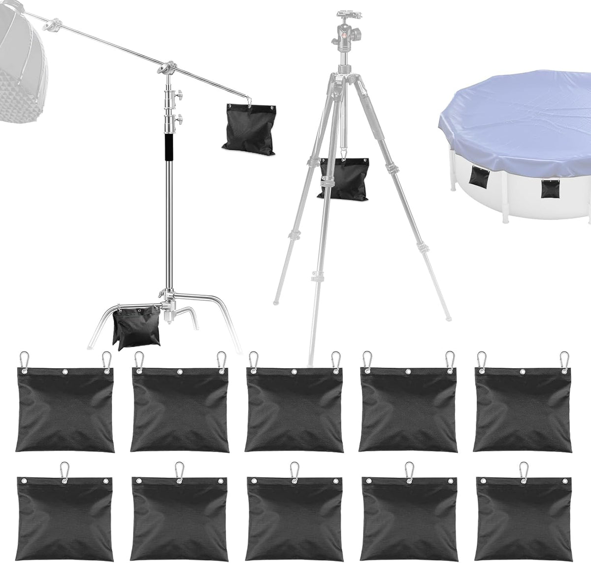10-Pack Photography Sandbags Weight Bags with Carabiner (Max Load 20 lbs)