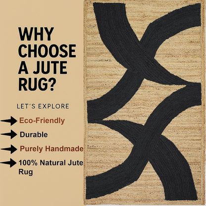 Premium Quality Jute Rug 4x6 Feet Area Rug Natural Fiber Jute Rugs Thick 0.27" Black Abstract Pattern Geometric Rugs for Kids Room, Living Room, Yoga Mat, Indoor Outdoor Carpet - Colors B