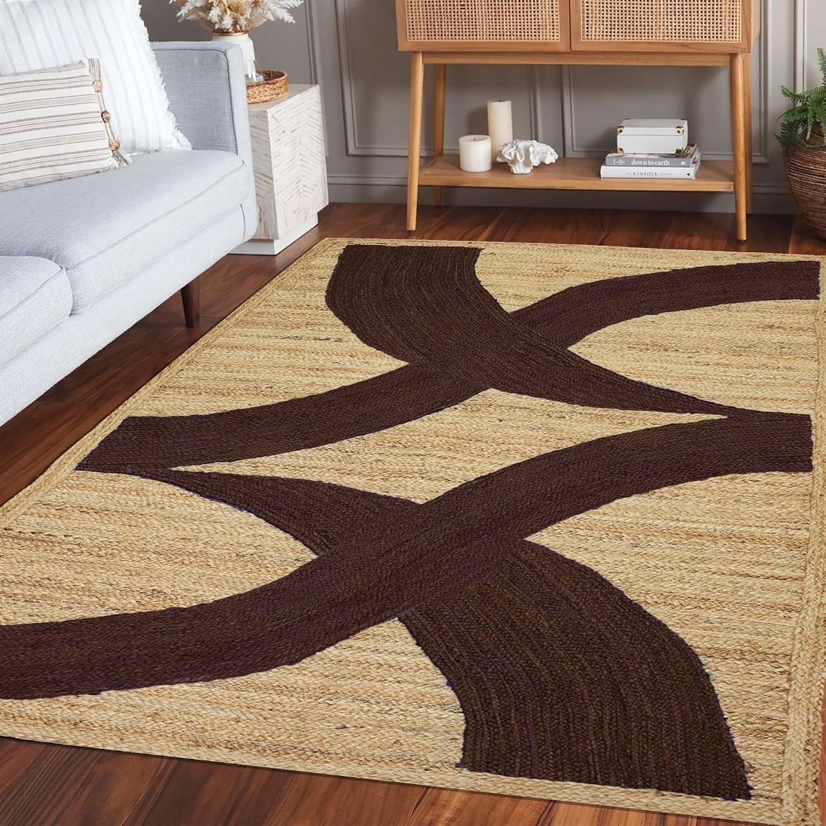 Premium Quality Jute Rug 4x6 Feet Area Rug Natural Fiber Jute Rugs Thick 0.27" Black Abstract Pattern Geometric Rugs for Kids Room, Living Room, Yoga Mat, Indoor Outdoor Carpet - Colors B